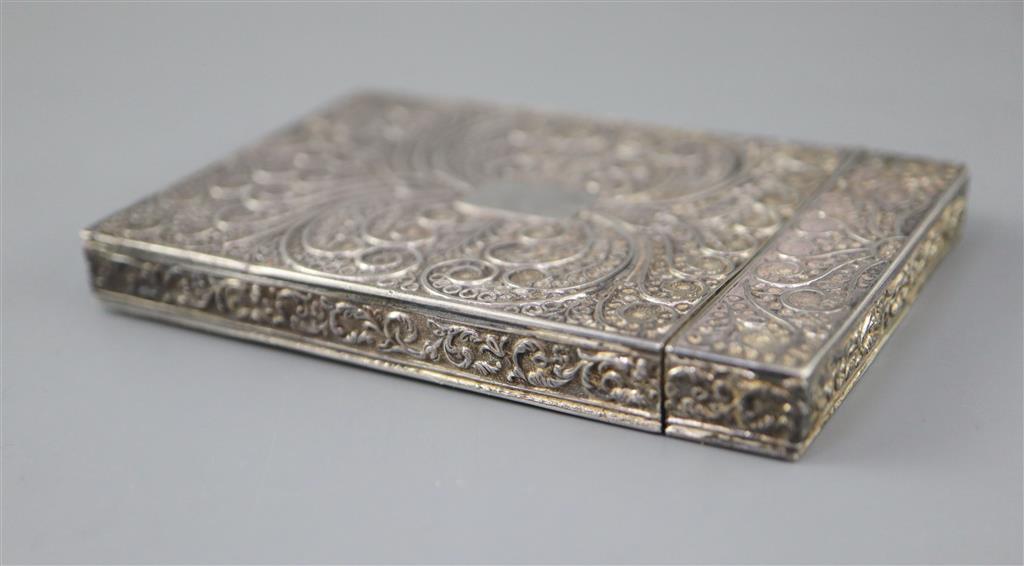 A William IV filligree silver rectangular card case, with inset panel embossed with scene of a stately home,
